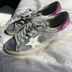 Silver super star golden goose leather sneakers with lavender glitter worn